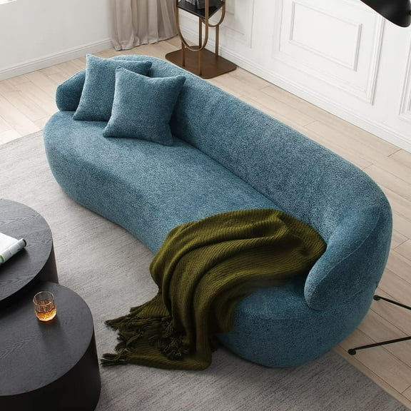 Williamspace 86.6" Curved Sofa, Modern 3 Seat Couch Back Upholstered Boucle Fabric Couch with Two Throw Pillows for Living Room, Office, Apartment, Blue