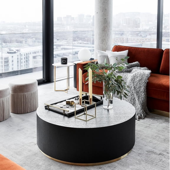 Williamspace Black Coffee Table with Gold Rim Bottom End Table Round Wood Side Table for Living Room Bedroom