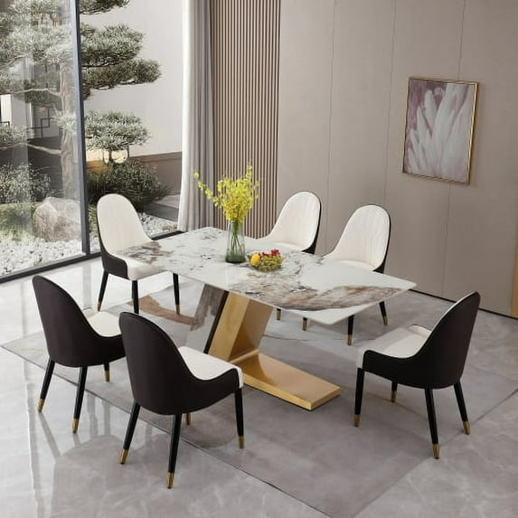 Williamspace Dining Table Set for 6, Contemporary 71" Sintered Stone Kitchen Table Z shape Pedestal Base with 6pcs Upholstered Chairs, Dining Room Table Set