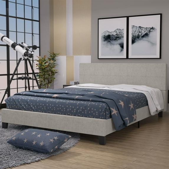 Williamspace Full Size Bed Frame,Upholstered Platform with Headboard, Heavy Duty Bed Frame with Metal Platform and Wooden Slat Support, No Box Spring Needed,Gray