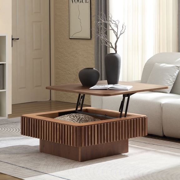 Williamspace Lift Top Coffee Table 35.43" Handcraft Drum Coffee Table Center Table with Hidden Storage Space for Living Room Apartment, Walnut