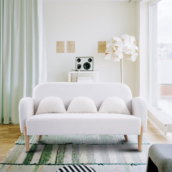 Williamspace Loveseat Sofa, 59.1" Teddy Velvet Couch Small Modern Love Seat Sofa with Three Cute Curved Lumbar Pillows for Small Spaces, Light Beige