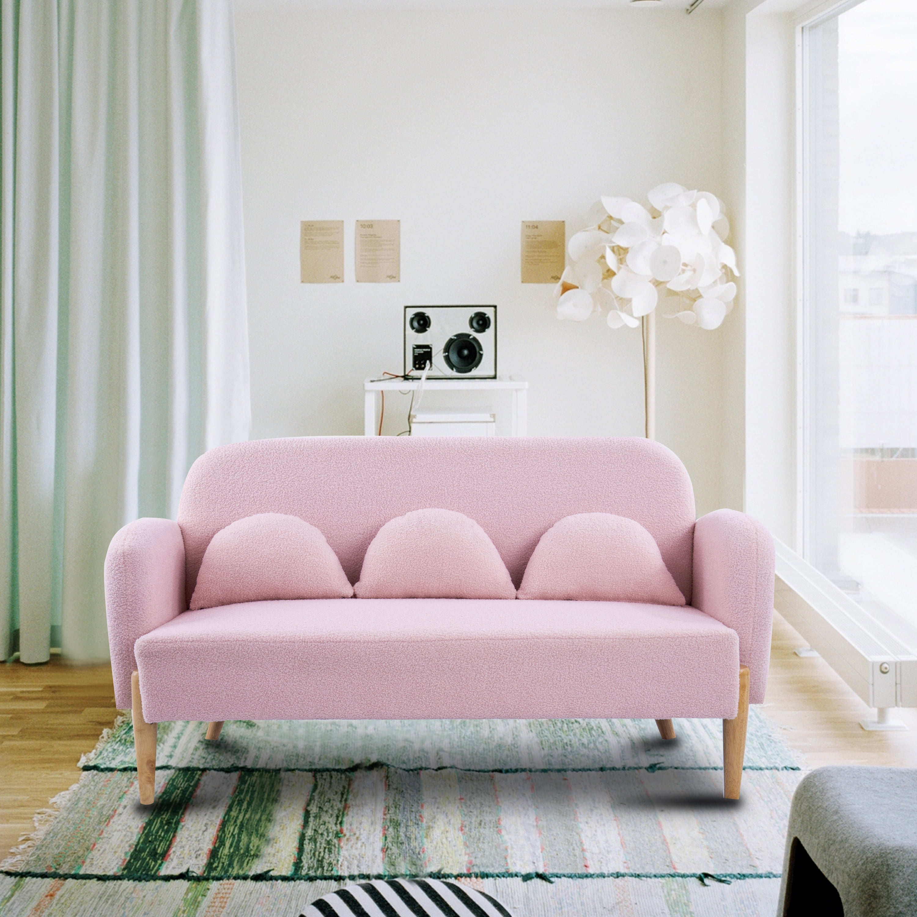 Williamspace Loveseat Sofa 59.1 Teddy Velvet Couch Small Modern Love Seat Sofa with Three Cute Curved Lumbar Pillows for Small Spaces Pink