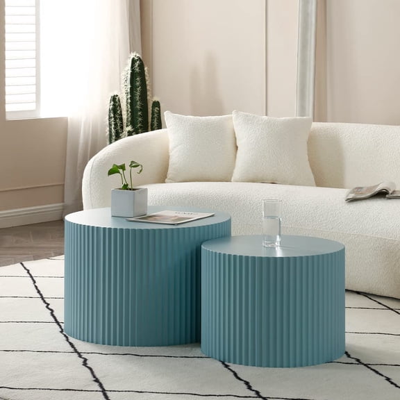 Nesting Coffee Table Set of 2, Matte Bule Round Wooden Coffee Tables, Modern Luxury Side Tables Accent End Table for Living Room Apartment