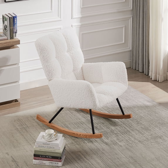 Williamspace Nursery Rocking Chair, Boucle Upholstered Glider Rocker Accent Chair Extra Thick Padded Cushion Seat Comfy Side Chair with High Backrest for Living Room Bedroom Offices, Beige