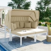Williamspace Patio Daybed Chaise Lounge with Retractable Canopy, Patio Wicker Daybed Outdoor Sectional Sofa Set Sun Lounger with Cushions for Backyard, Porch, Pool, Beige