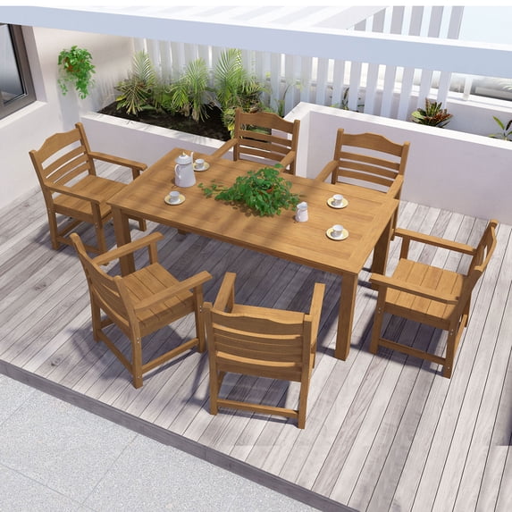Williamspace Patio Dining Table Sets, 7pcs Outdoor HIPS Dining Furniture Set 70.8'' Rectangular Table and 6 Chairs, All Weather Resistant for Backyard Conversation Garden Poolside Balcony Lawn, Teak