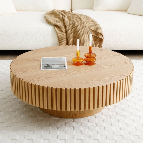 Williamspace Round Coffee Table, 39.37" Modern Handcraft Relief Wood Coffee Table Circle Drum Side Table Accent End Table Center Table for Living Room, Natural Ash