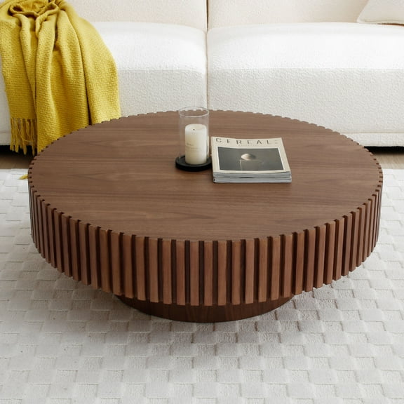 Williamspace Round Coffee Table, 39.37" Modern Handcraft Relief Wood Coffee Table Circle Drum Side Table Accent End Table Center Table for Living Room, Walnut