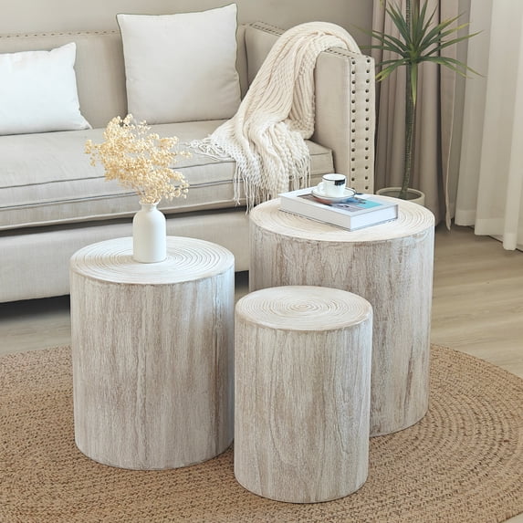 Williamspace Round Coffee Table Set of 3, Modern Nesting End Table Small Side Table Accent Nautral Wood Tables with Tree Rings for Living Room Bedromm Apartment, Antique White