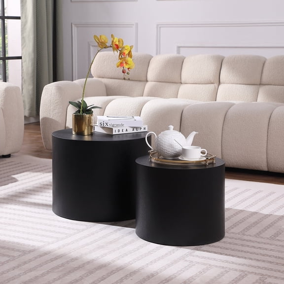Williamspace Round Coffee Table Set of 2, Modern Side Table Matte Black End Table for Living Room Bedroom Apartment Office