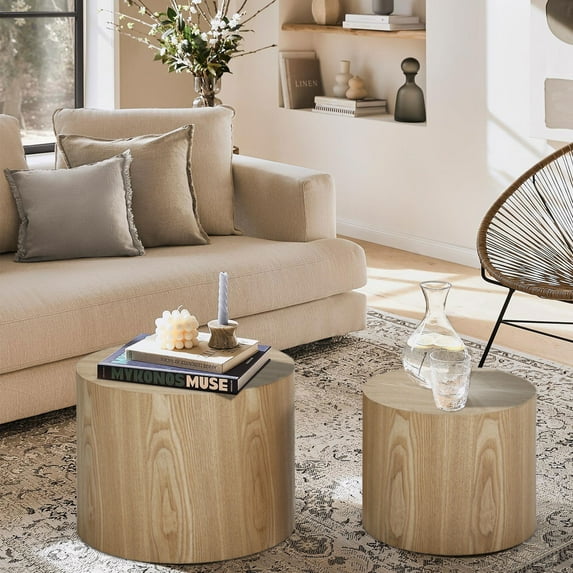 Williamspace Round Coffee Table Set of 2, Nesting Table Set Side End Table for Living Room,Natural