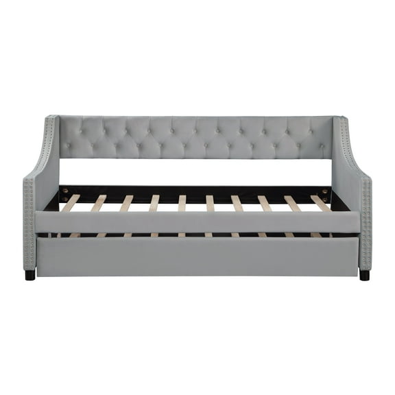 Williamspace Upholstered Daybed with Trundle, Modern Button Tufted Velvet Fabric Full Size Daybed Frame Sofa Bed, No Box Spring Needed, Gray