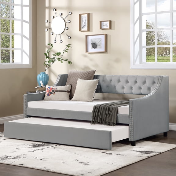 Williamspace Upholstered Daybed with Trundle, Modern Button Tufted Velvet Fabric Twin Size Daybed Frame Sofa Bed, No Box Spring Needed, Gray