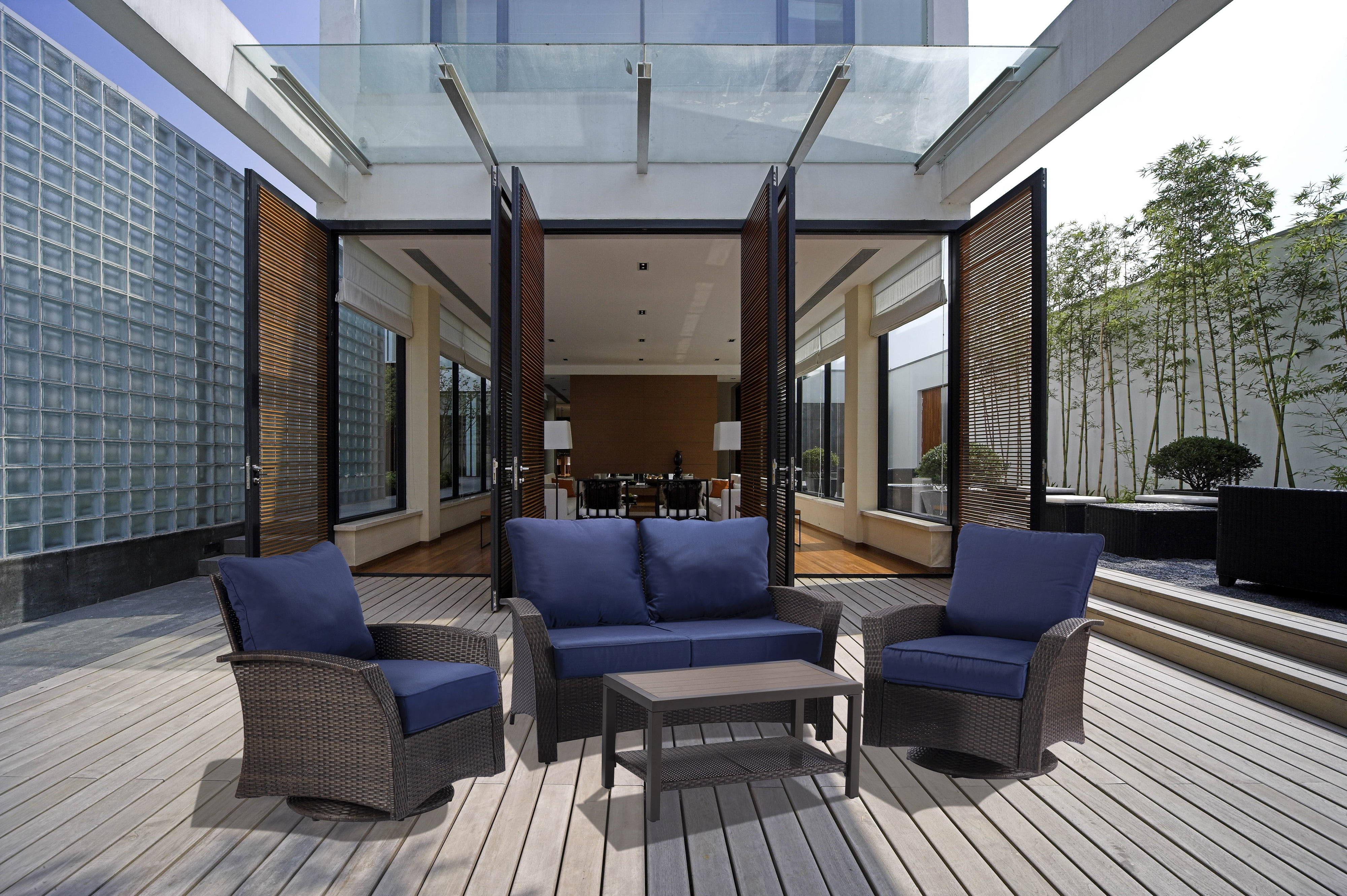 Williamsport 4pcs deep seating set Dark Blue with furniture cover, swivel chair
