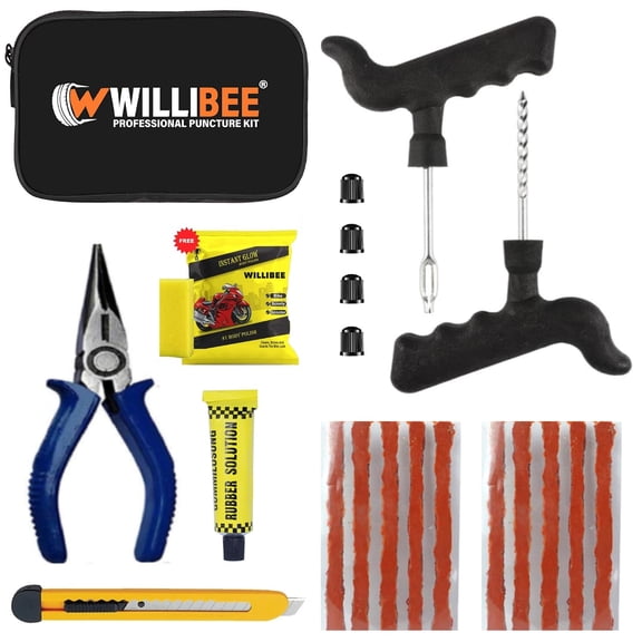 Willibee 8-In-1 Tubeless Tyre Puncture Repair Kit For Car, Bike, Scooter & Suv - Universal Emergency Tyre Fix Tool Set, Flat Tire Puncher Repair Kit (With Storage Bag)