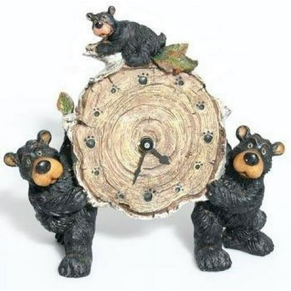 Willie Black Bear with Cub Holding a Birch Log Clock 8"