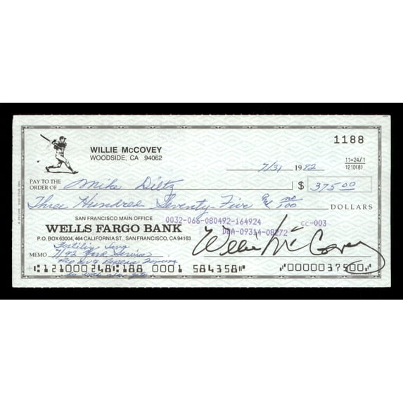 Willie McCovey Autographed 2.75x6 Check San Francisco Giants 1188 SKU #201486