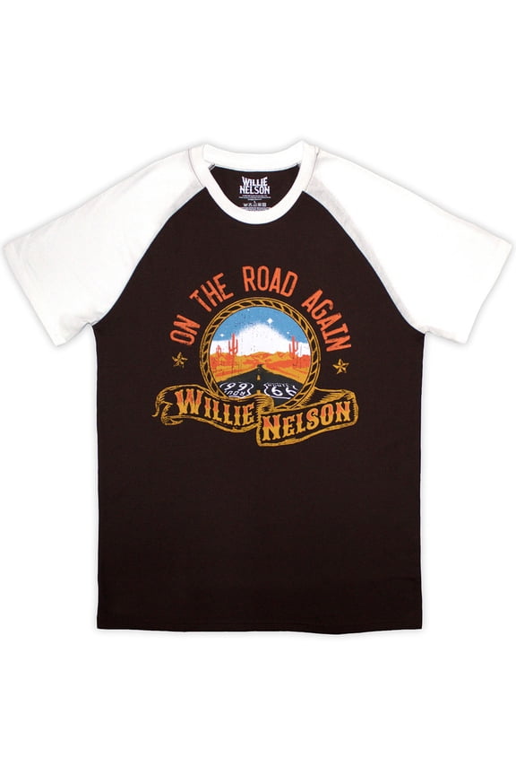 Willie Nelson Unisex Raglan T-Shirt Route 66 (Brown & White) (Large)