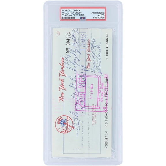 Willie Randolph New York Yankees Autographed Check from December 5, 1978 - PSA 84942936 - Fanatics Authentic Certified