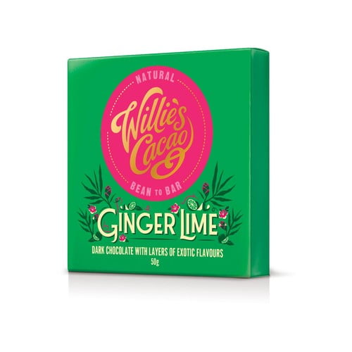 Willie's Cacao Dark Chocolate with Ginger and Lime Vegan 50g, British Import (Pack of 3)