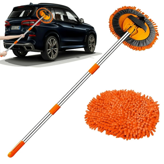 WillingHeart 47.5" Car Wash Brush Mop Cleaning Tool with Long Handle Kit for Washing Detailing Cars Truck, SUV, RV, Trailer, Boat 2 in 1 Chenille Microfiber Sponge Duster Not Hurt Paint Scratch Free
