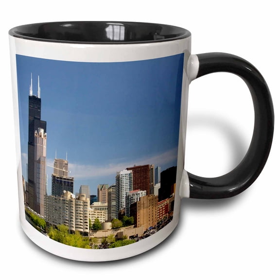 3drose, Willis and Sears Tower, Chicago River, Il - Us14 Dfr0093 - David R. Frazier, 11oz Two-tone Black Mug