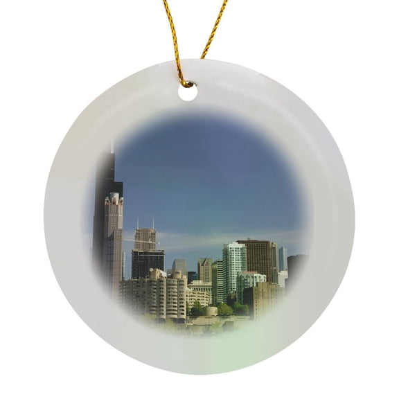 3drose, Willis and Sears Tower, Chicago River, Il - Us14 Dfr0093 - David R. Frazier, Circle Porcelain Ornament