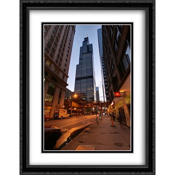 Willis Tower (Sears) at Night 2x Matted 28x36 Large Black Ornate Framed Art Print by The Cityscape Art Print Series