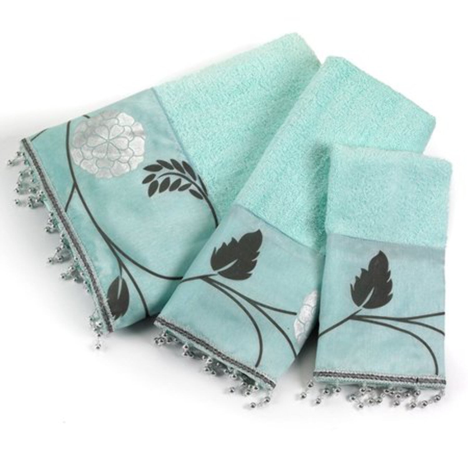 Aqua Green Floral Cotton Polyester 3-Piece Towel Set