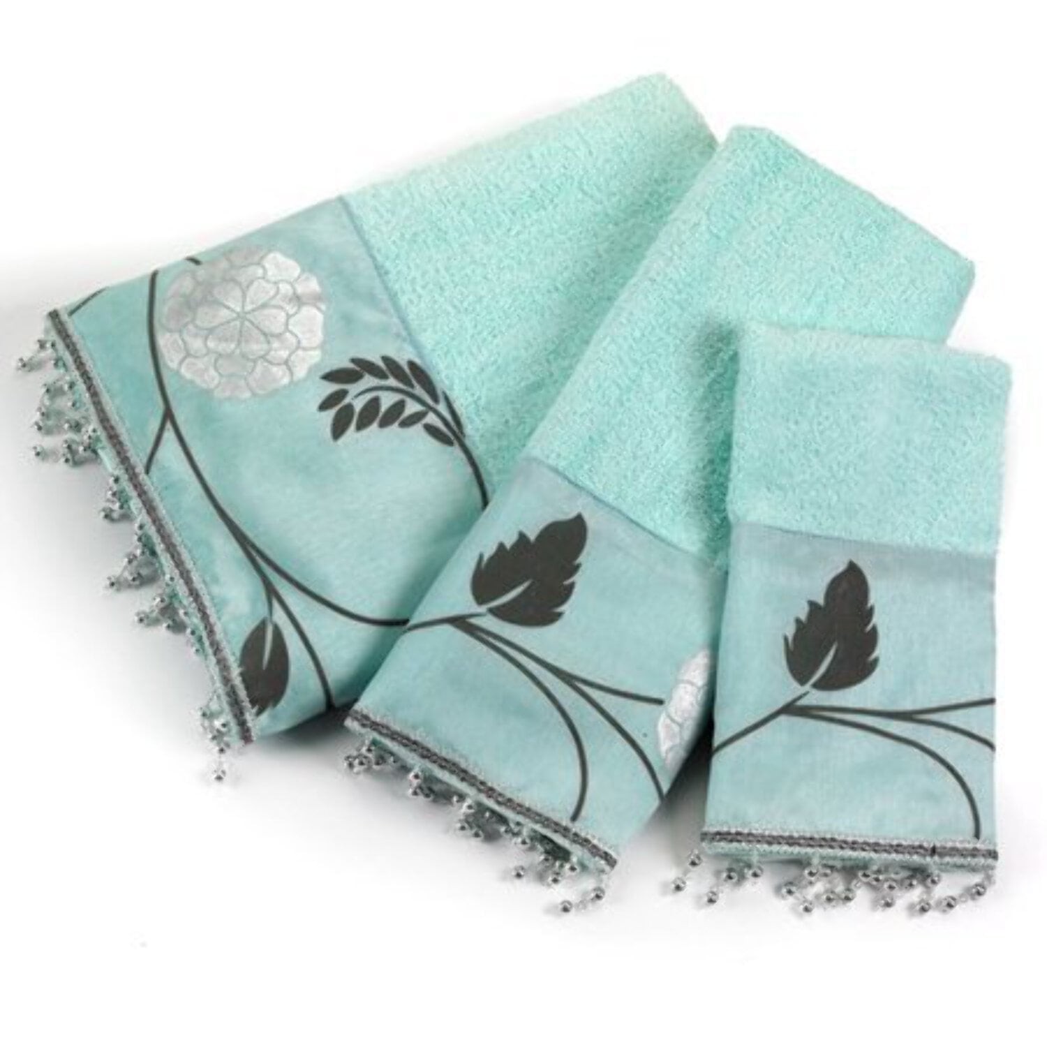Aqua Green Floral Cotton Polyester 3-Piece Towel Set