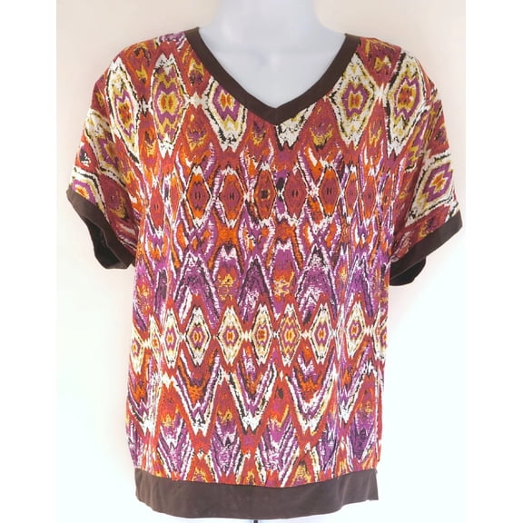 Willow Bay Brown Printed Short Sleeve Shirt Blouse, Women's Medium
