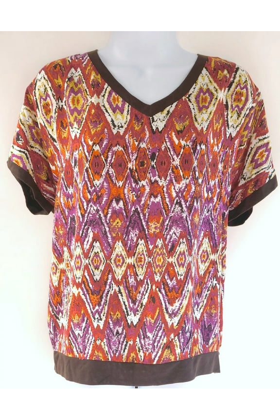 Brown Printed Short Sleeve Shirt Blouse, Women's Medium