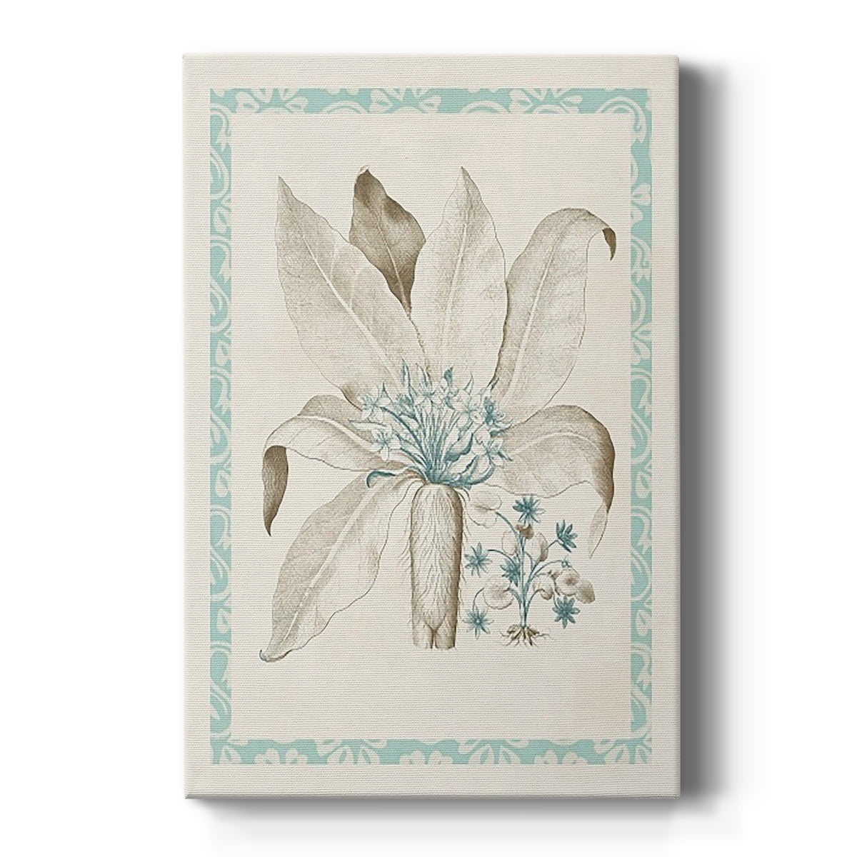 Blue and Beige Floral Canvas Art with Solid Wood Frame