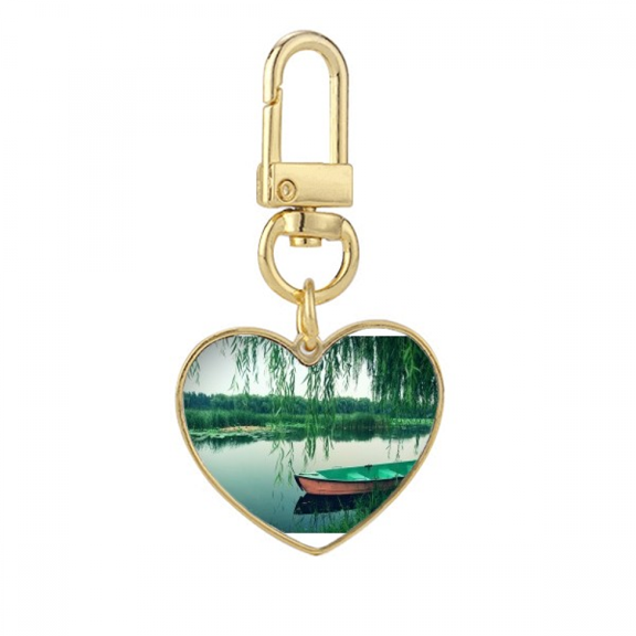 Willow Boat Lake Photography Gold Heart Keychain Metal Keyring Holder
