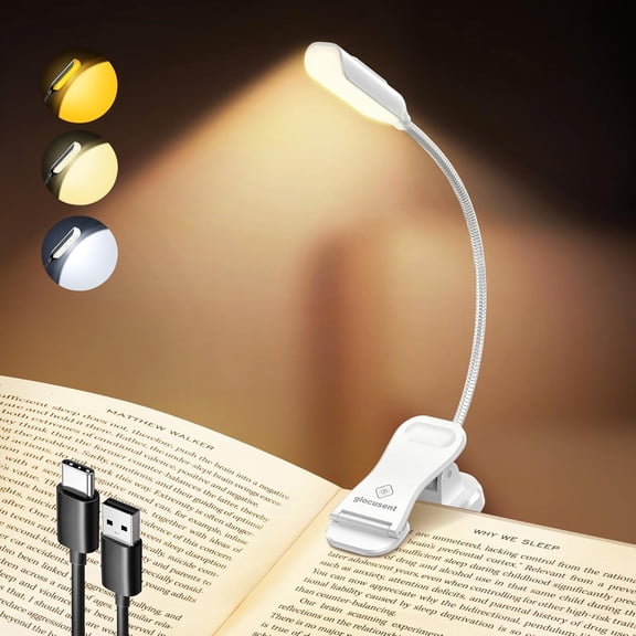 Willow Book Light, 10LED, 3 Colors & 3 Brightness, Rechargeable, Lightweight, Clip on, Modern Design, Pure White, ABS Material, USB-C, 80hr Runtime, Ideal for Book Lovers