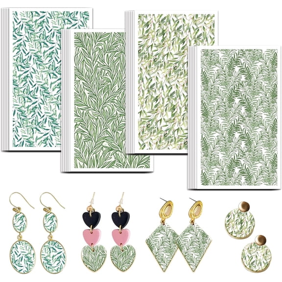 Willow Branch Transfer Paper 4 Design 24 Pcs Botany Polymer Clay Transfer Sheets Wicker Transfer Paper for Polymer Green Pattern Small Transfer Paper for Clay Earrings Jewelry Making