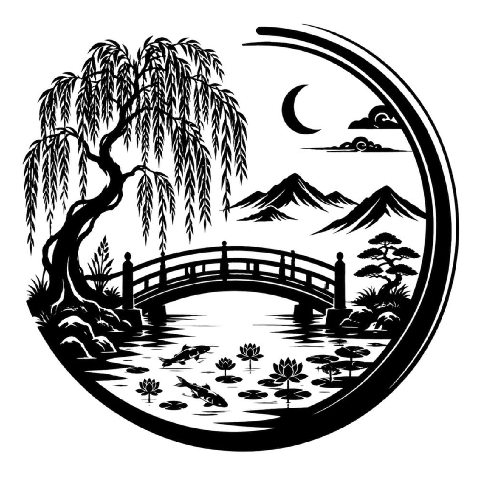 Willow Bridge Landscape Metal Wall Art Decor, Black Iron Wall Sculpture