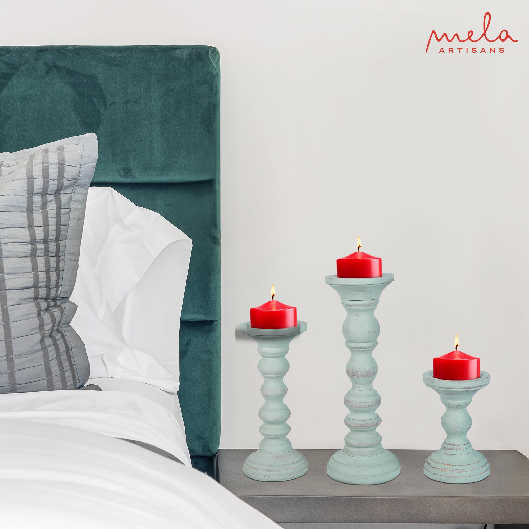 Willow Candle Holders for Pillar Candles (Opal Blue, Set of 3), Mangowood Candle Holder