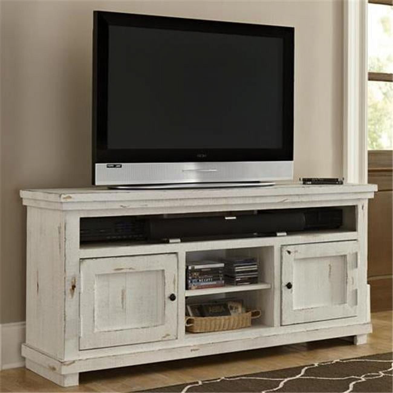 Distressed White Solid Pine 74" Rustic Media Console with Cabinet