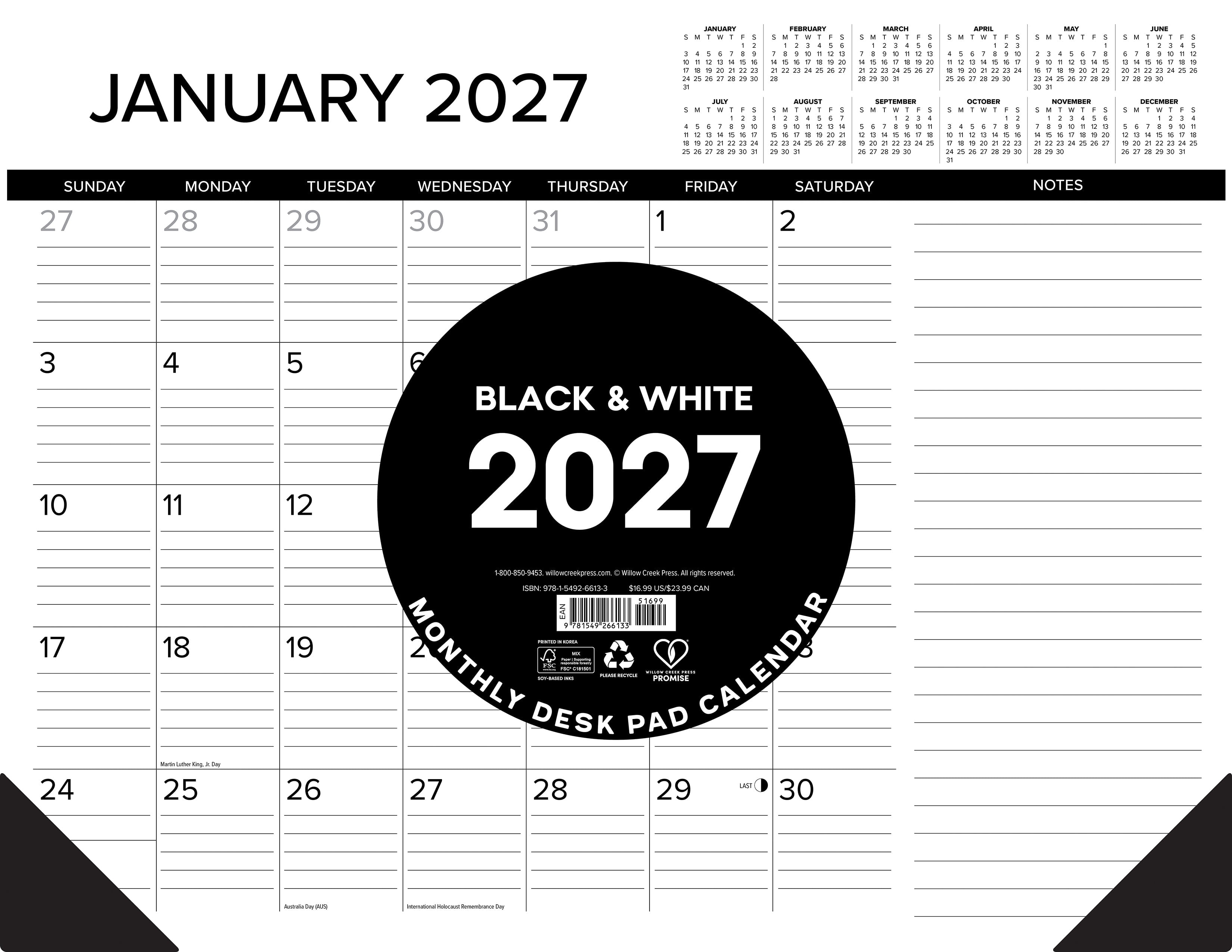 Willow Creek Press B&W w/Lines 2027 22" x 17" Large Monthly Deskpad (66133)