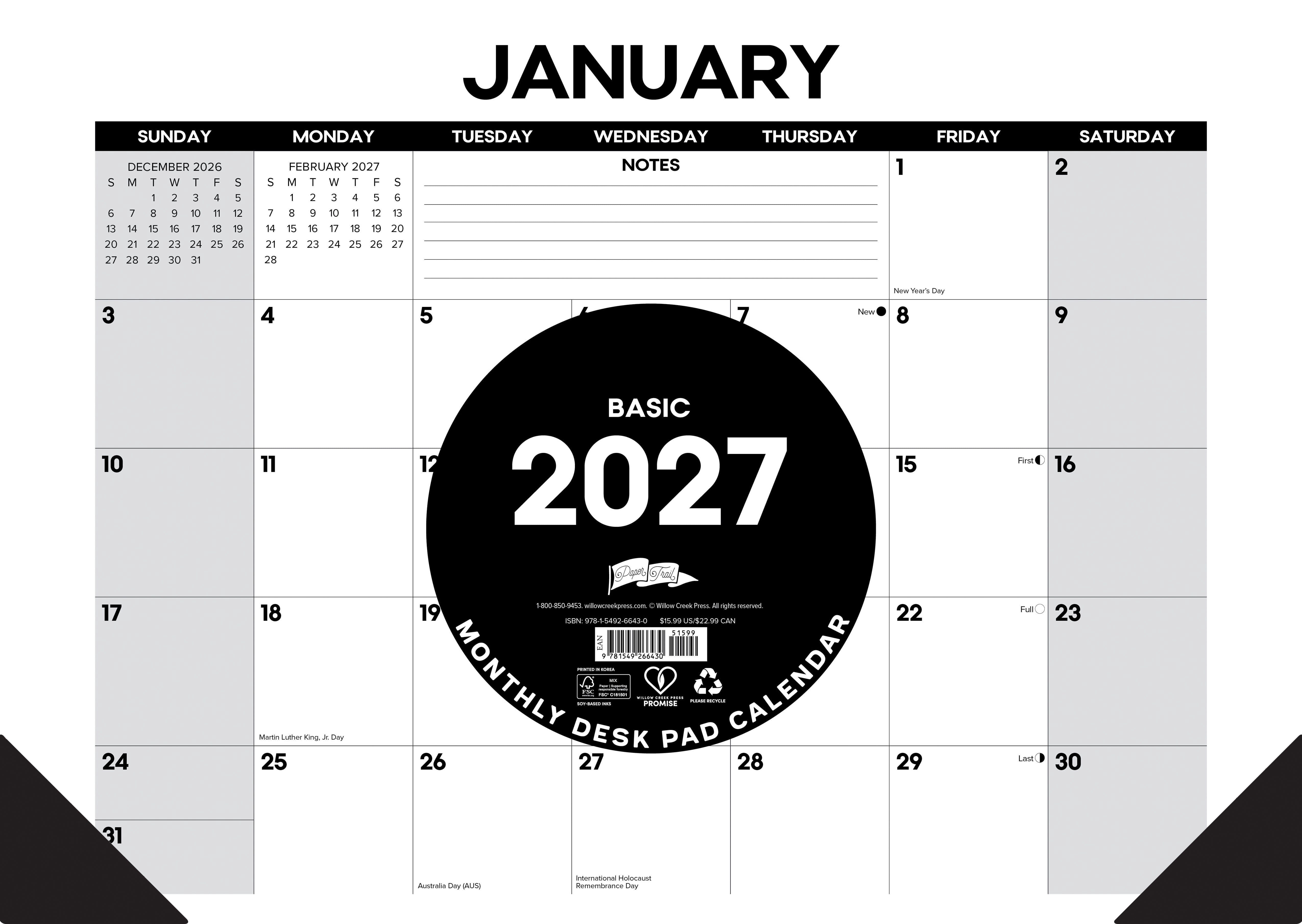 Willow Creek Press Basic 2027 17" x 12" Small Monthly Deskpad (66430)