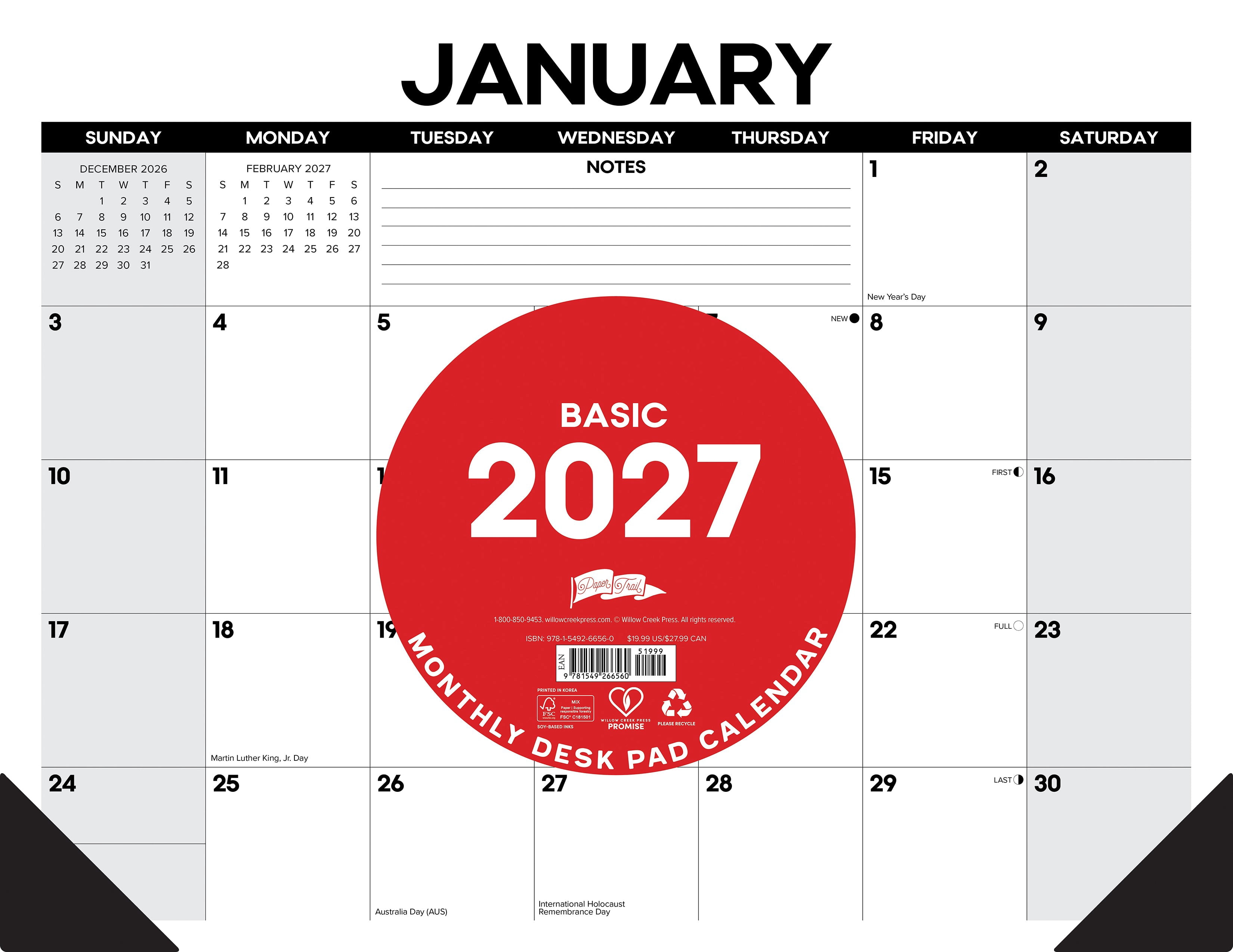 Willow Creek Press Basic 2027 22" x 17" Large Monthly Deskpad (66560)
