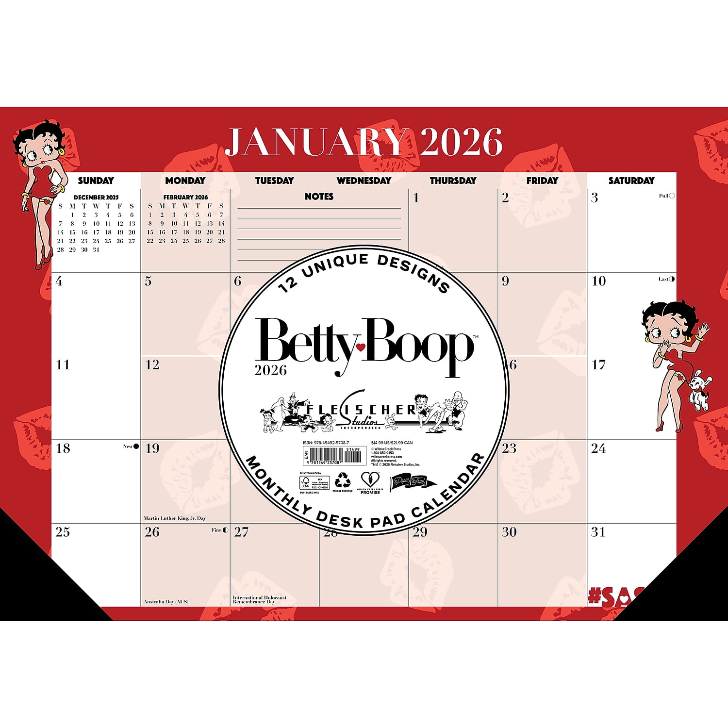2026 Willow Creek Betty Boop 17" x 12" Monthly Desk Pad Calendar Red (57087)