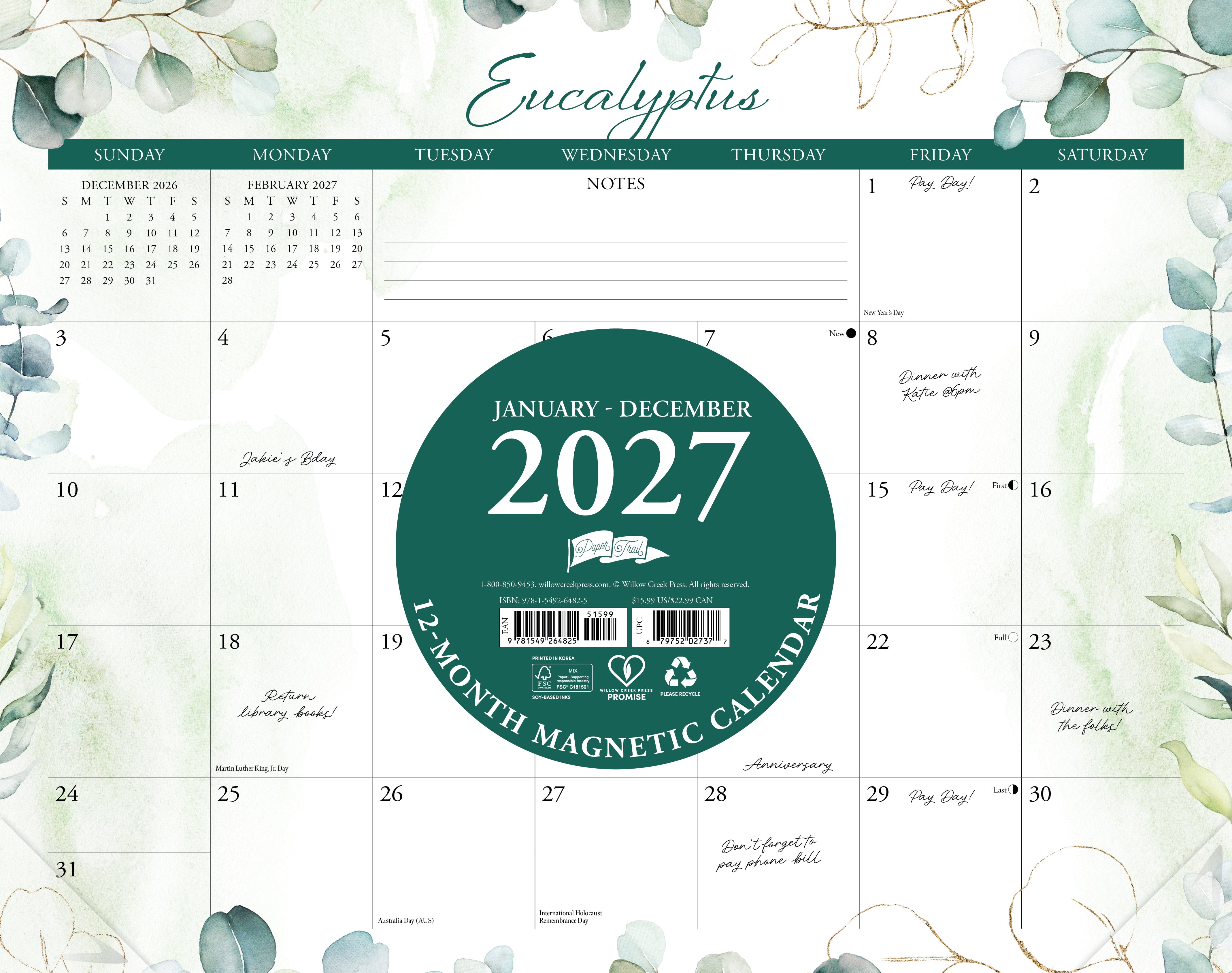 Willow Creek Press Eucalyptus 2027 14.25" x 11.25" Magnetic Wall Calendar (64825)