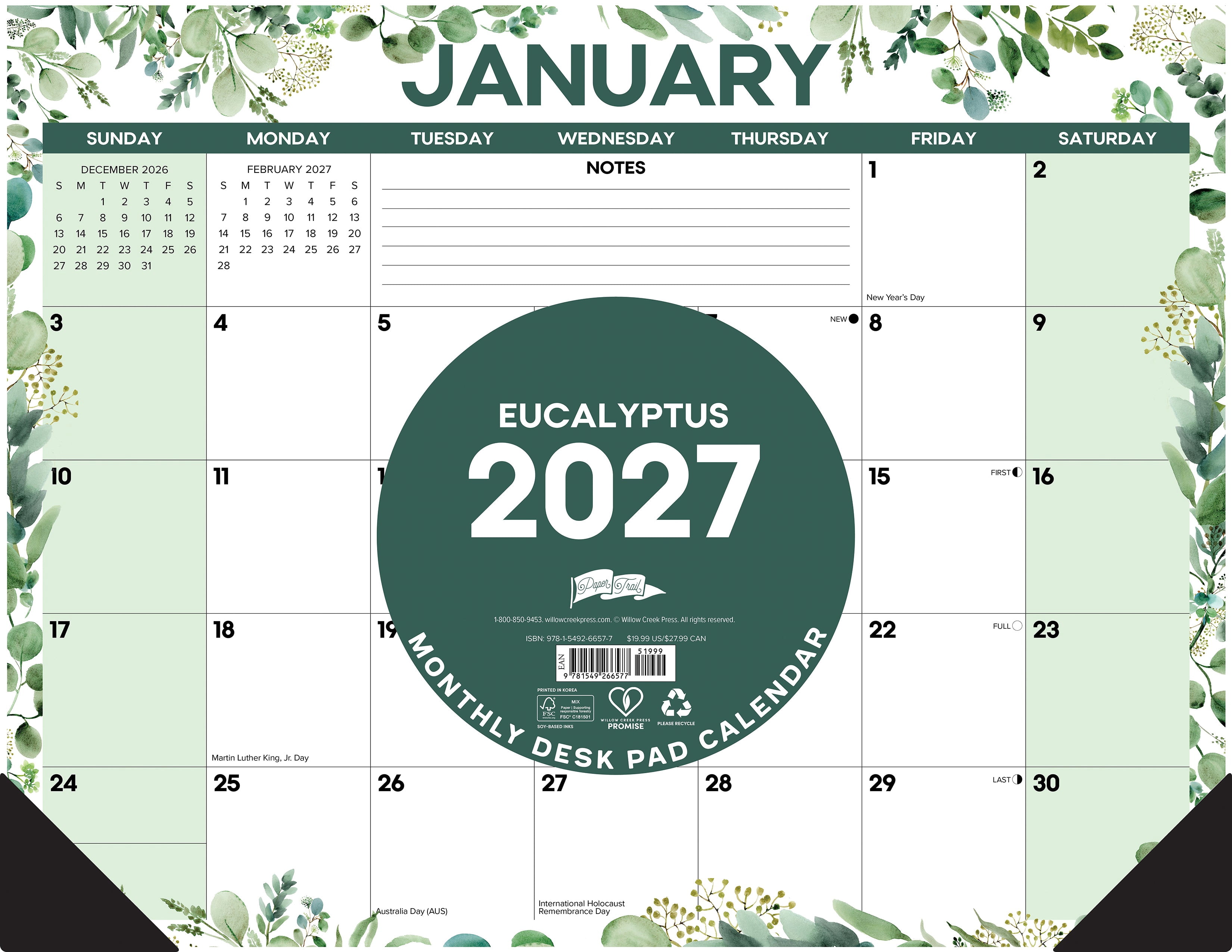 Willow Creek Press Eucalyptus 2027 22" x 17" Large Monthly Deskpad (66577)