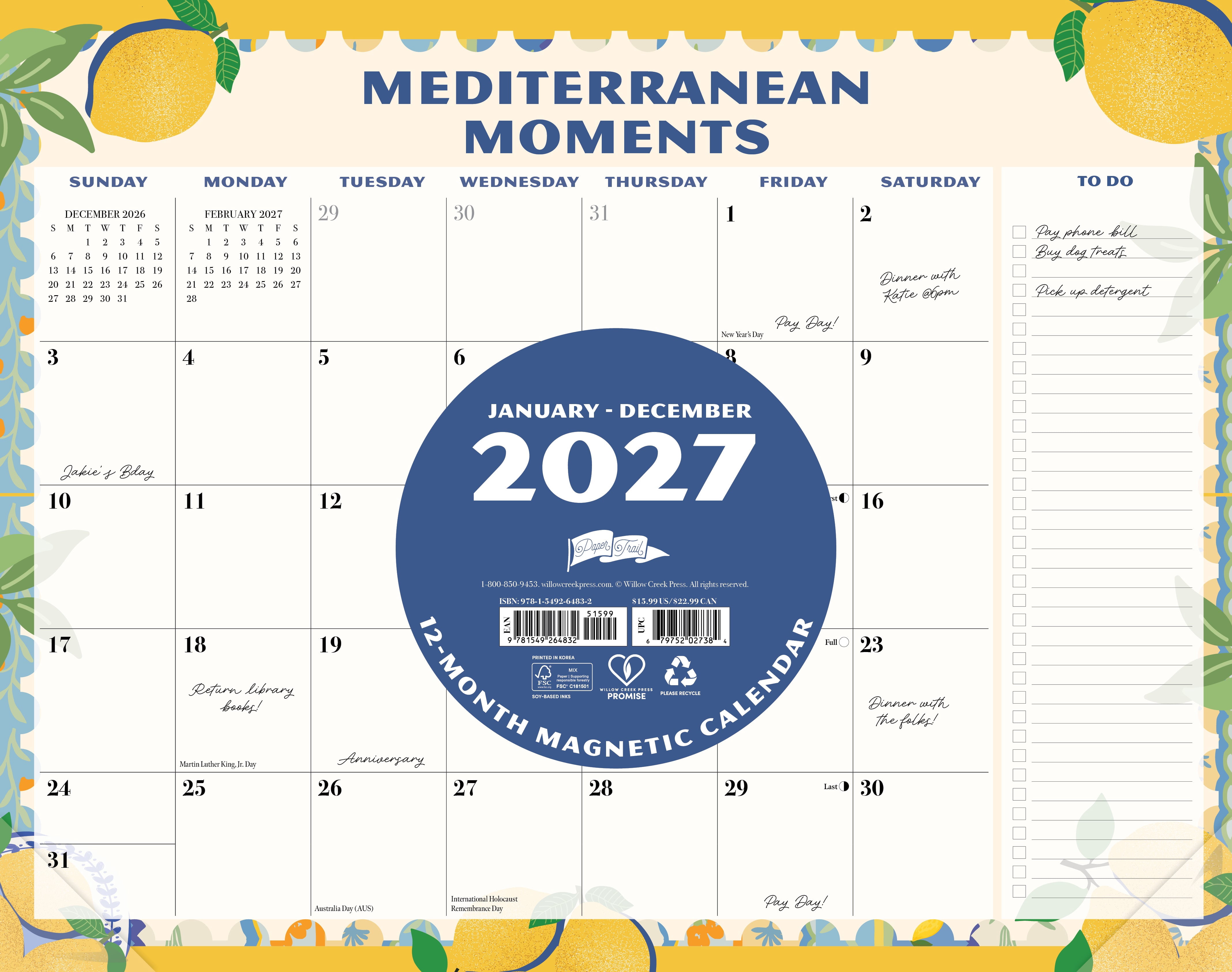 Willow Creek Press Mediterranean Moments 2027 14.25" x 11.25" Magnetic Wall Calendar (64832)