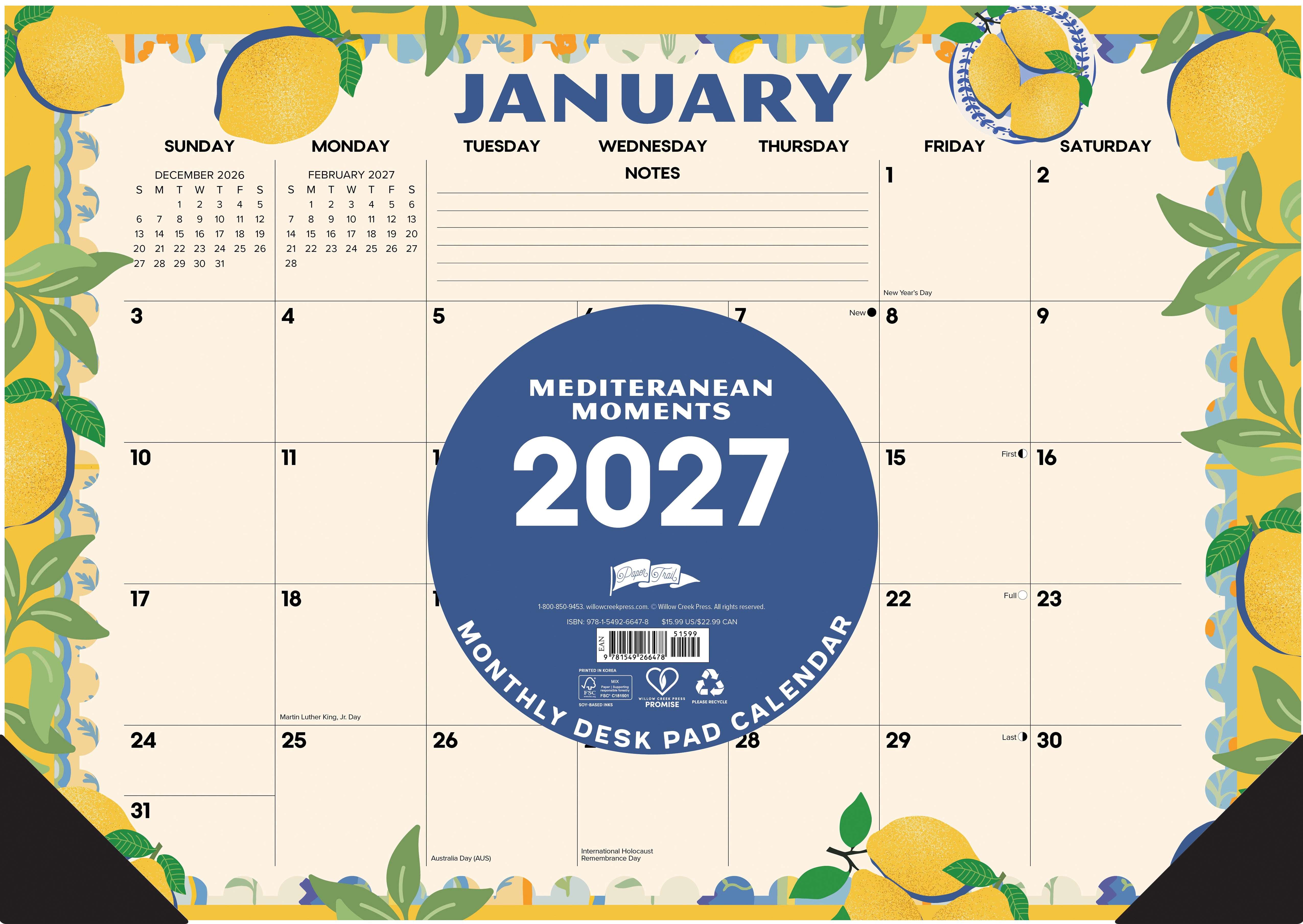 Willow Creek Press Mediterranean Moments 2027 17" x 12" Small Monthly Deskpad (66478)