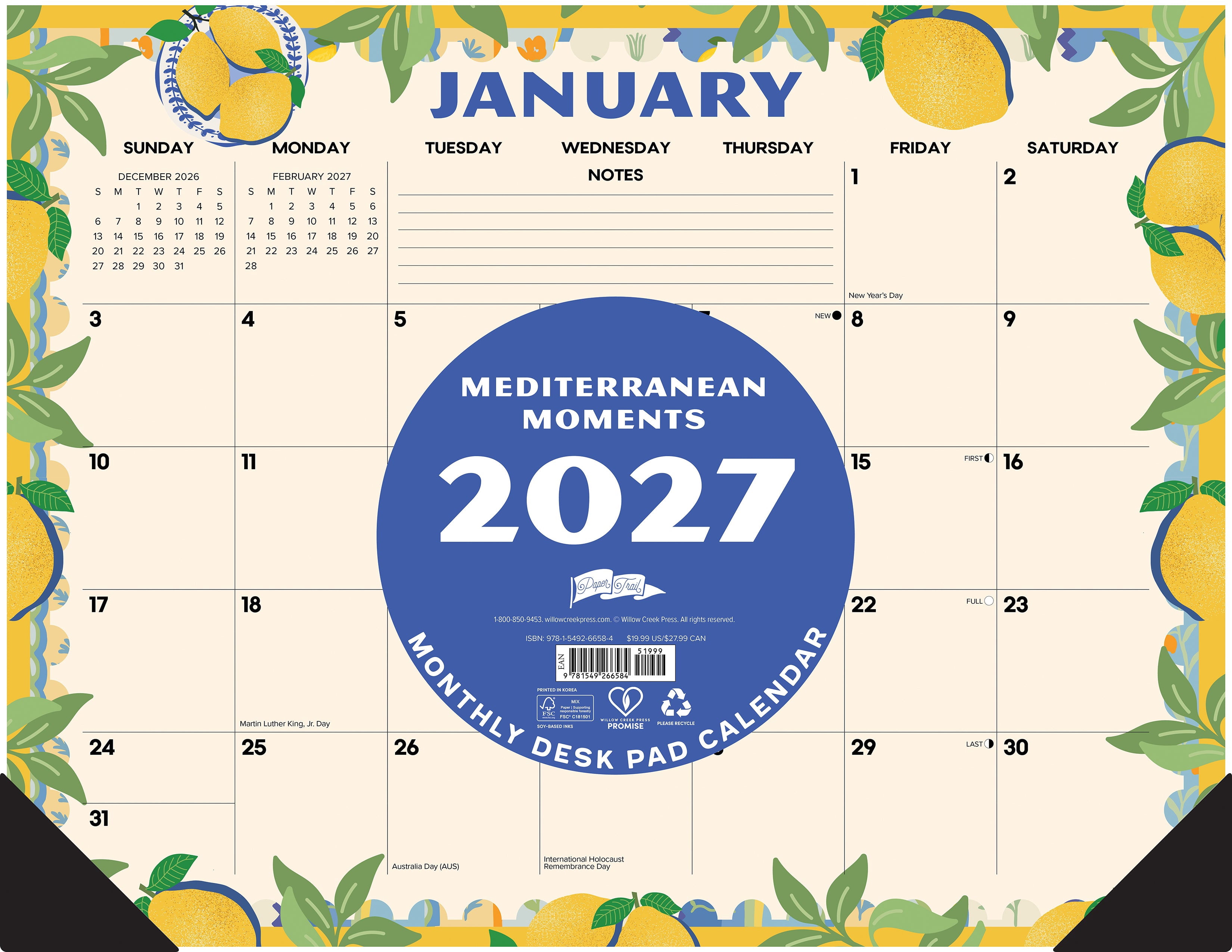 Willow Creek Press Mediterranean Moments 2027 22" x 17" Large Monthly Deskpad (66584)