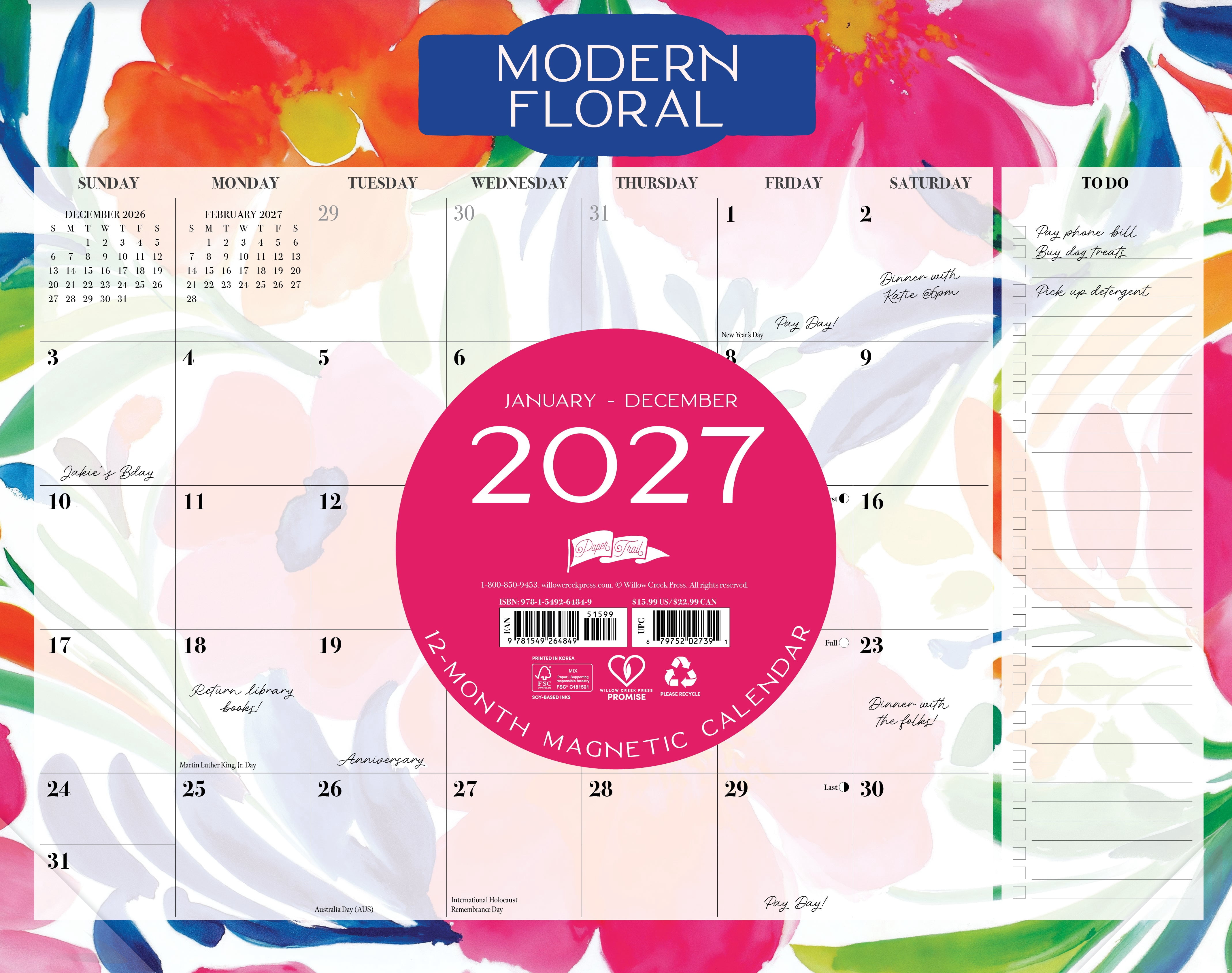 Willow Creek Press Modern Floral 2027 14.25" x 11.25" Magnetic Wall Calendar (64849)
